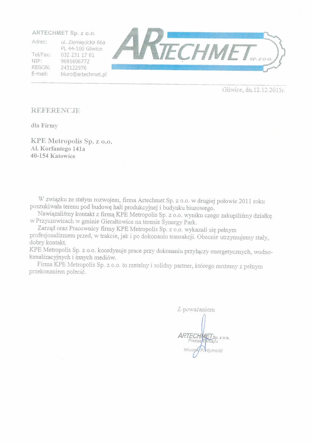 Rekomendacja — Artechmet Sp. z o.o.