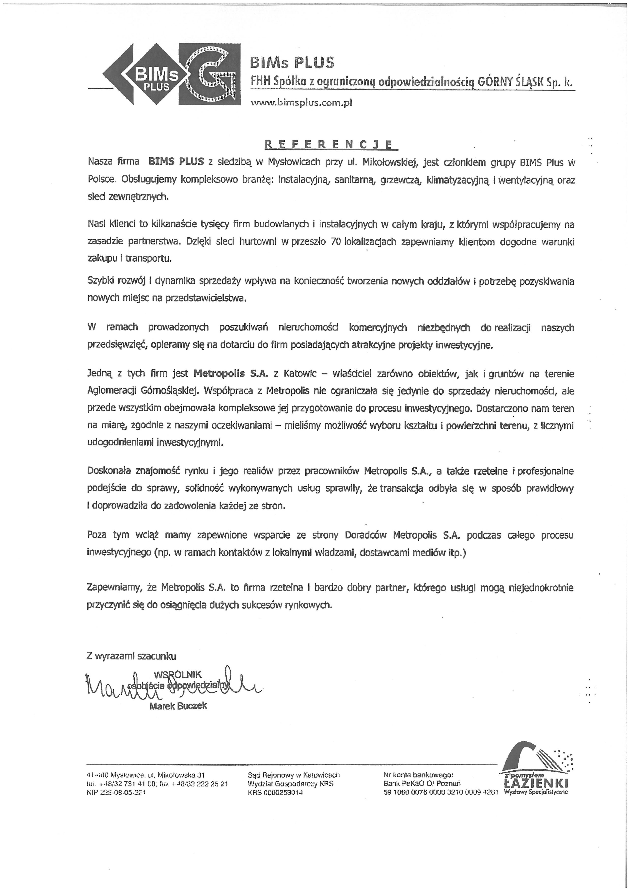 Rekomendacja — BIMs PLUS FHH Górny Śląsk Sp. k.