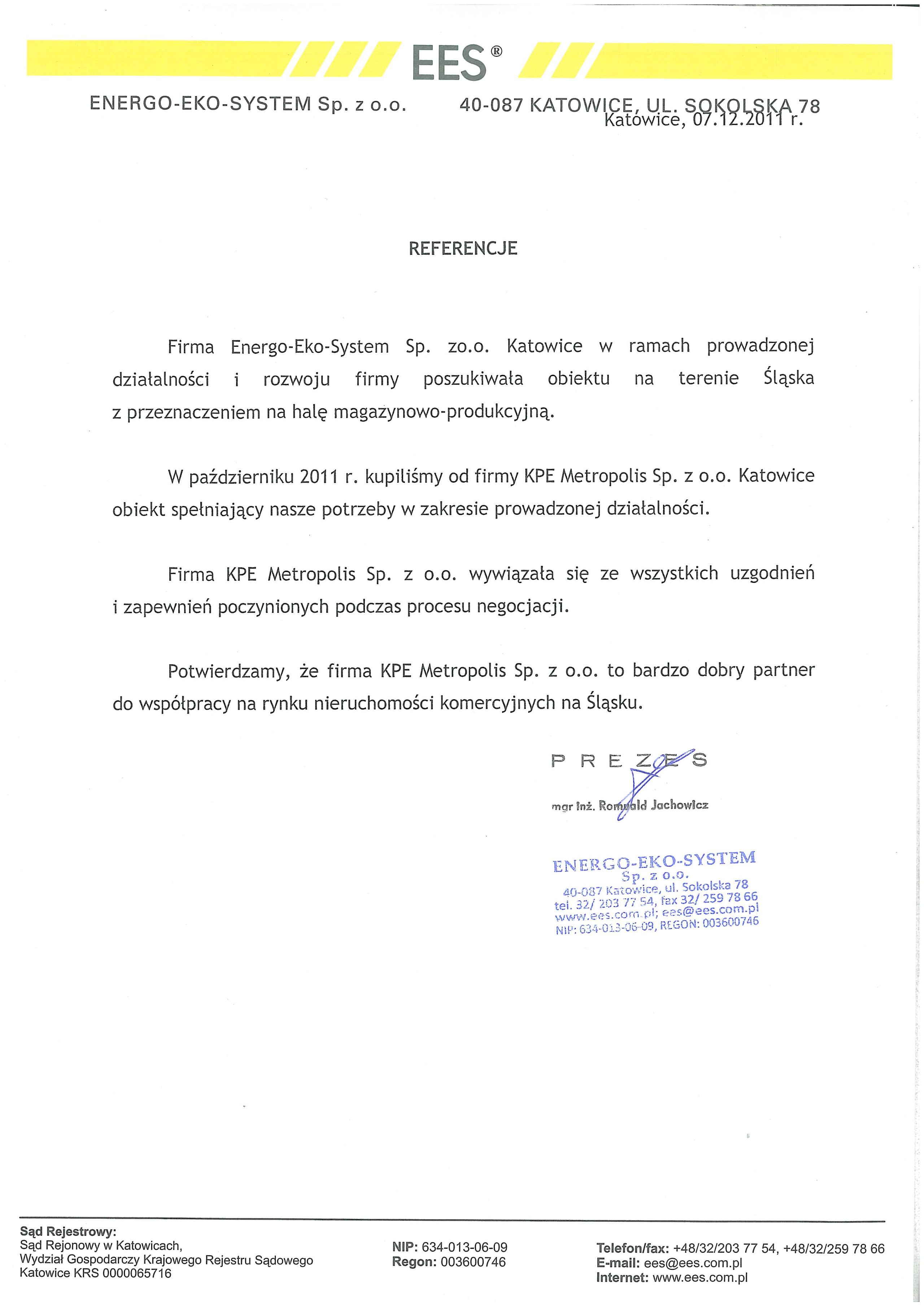 Rekomendacja — Energo-Eko-System Sp. z o.o.