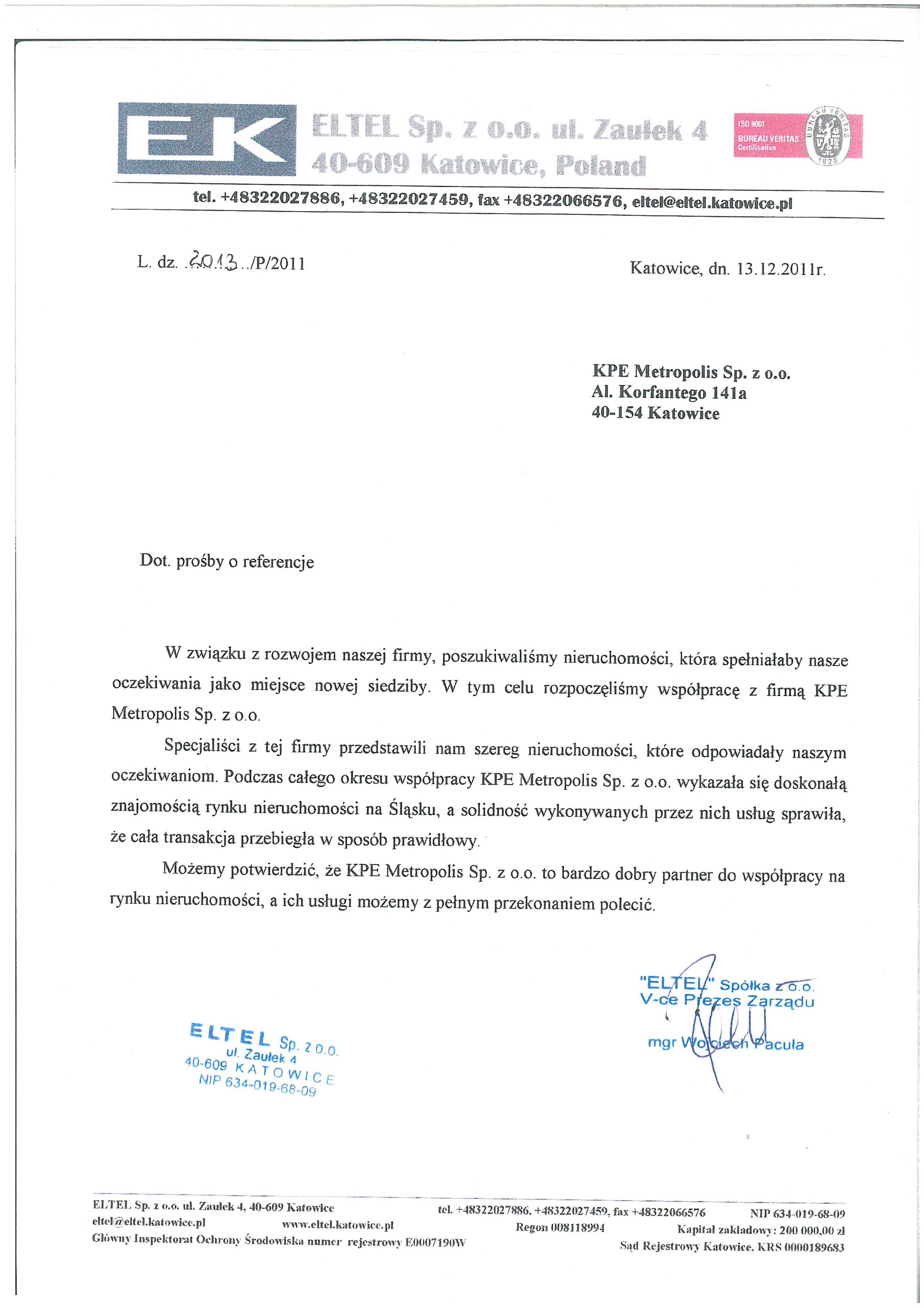 Rekomendacja — Eltel Sp. z o.o.