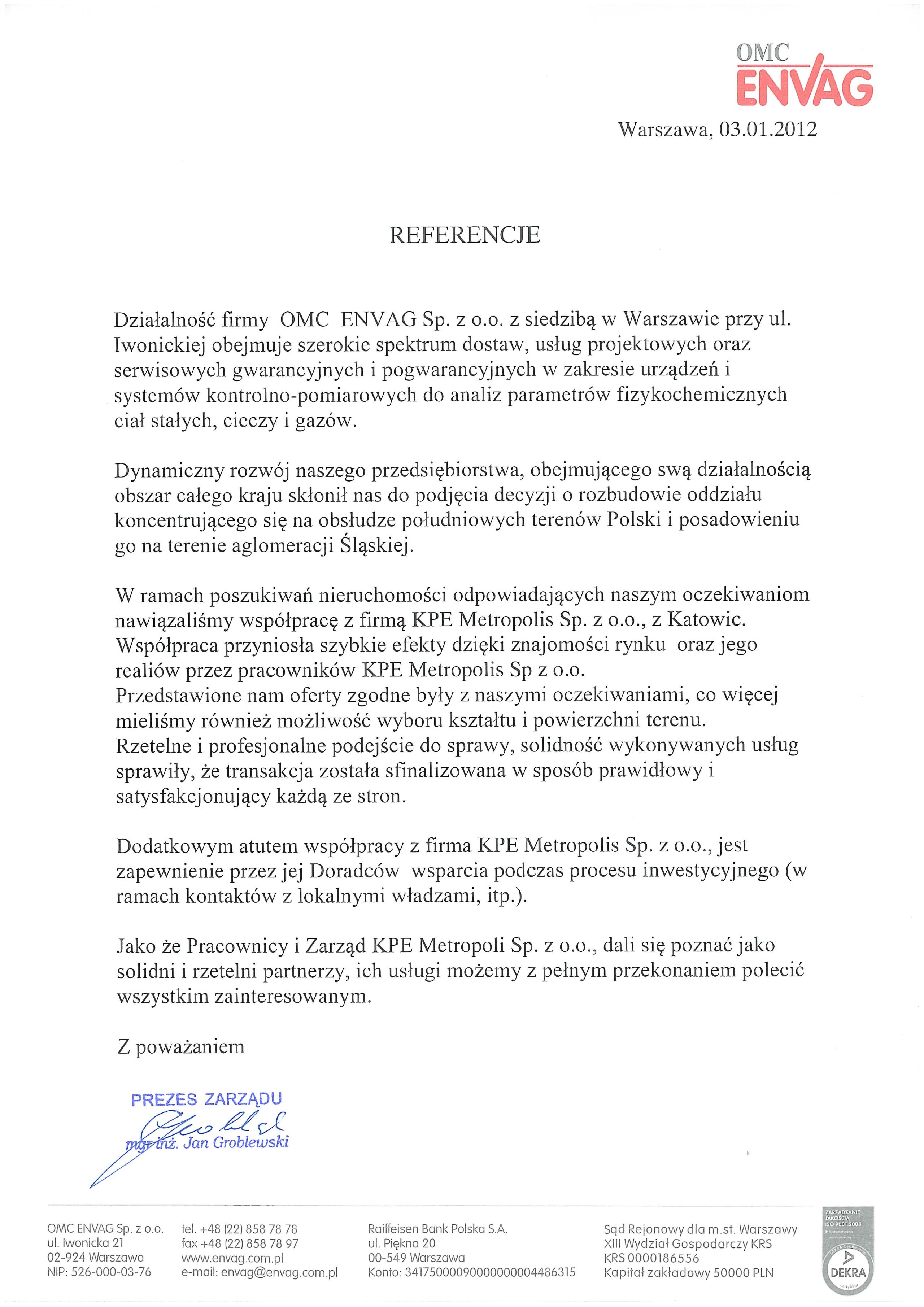 Rekomendacja — OMC Envag Sp. z o.o.