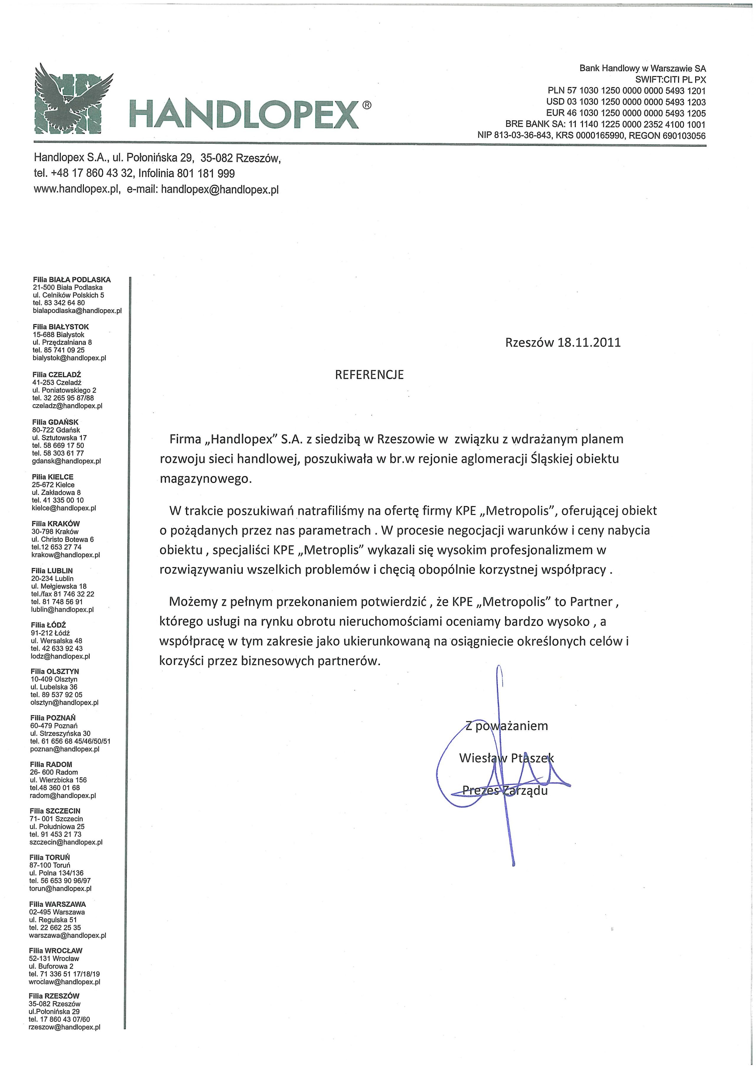 Rekomendacja — Handlopex S.A.
