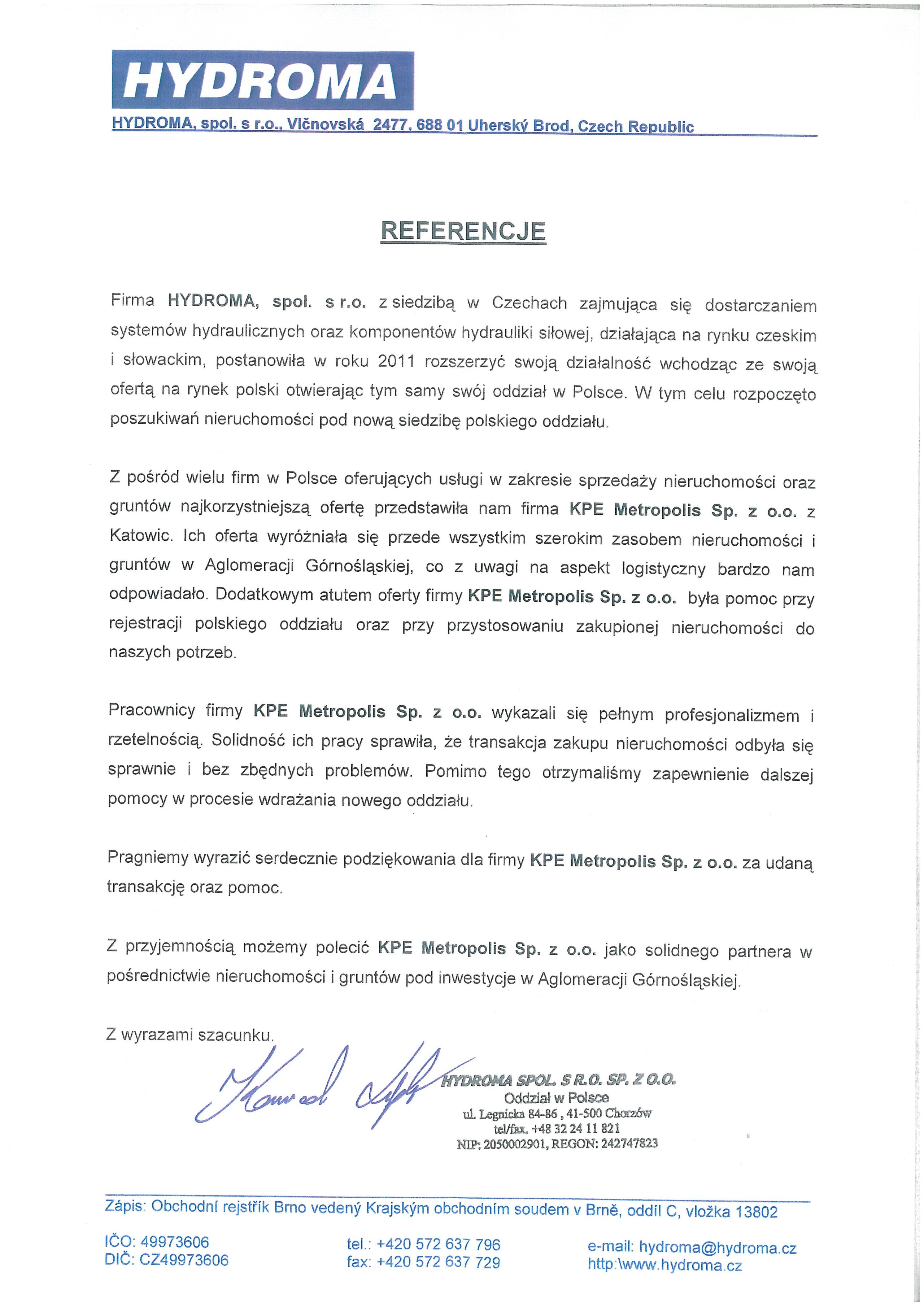 Rekomendacja — Hydroma spol. s r.o.