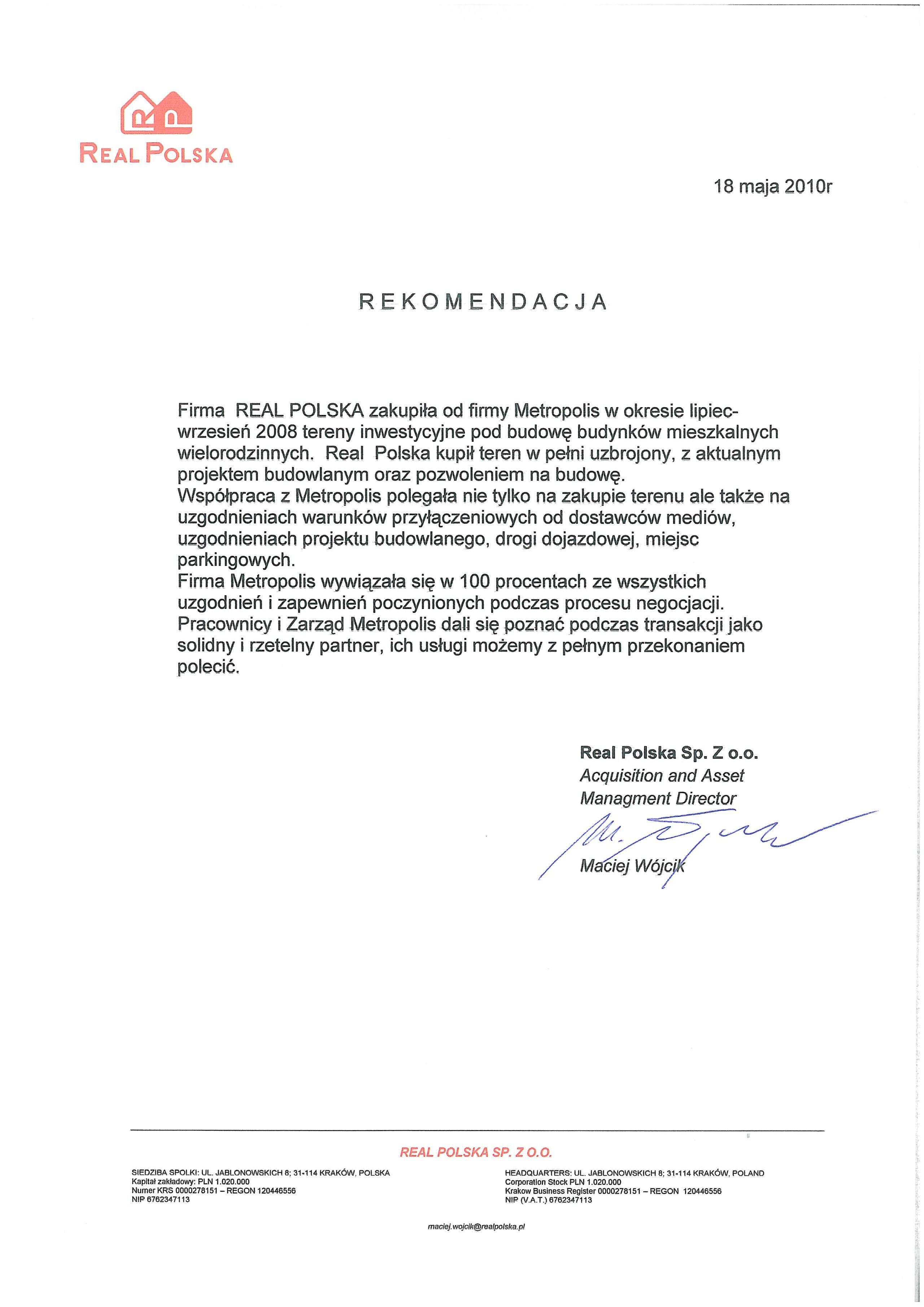 Rekomendacja — Real Polska Sp. z o.o.