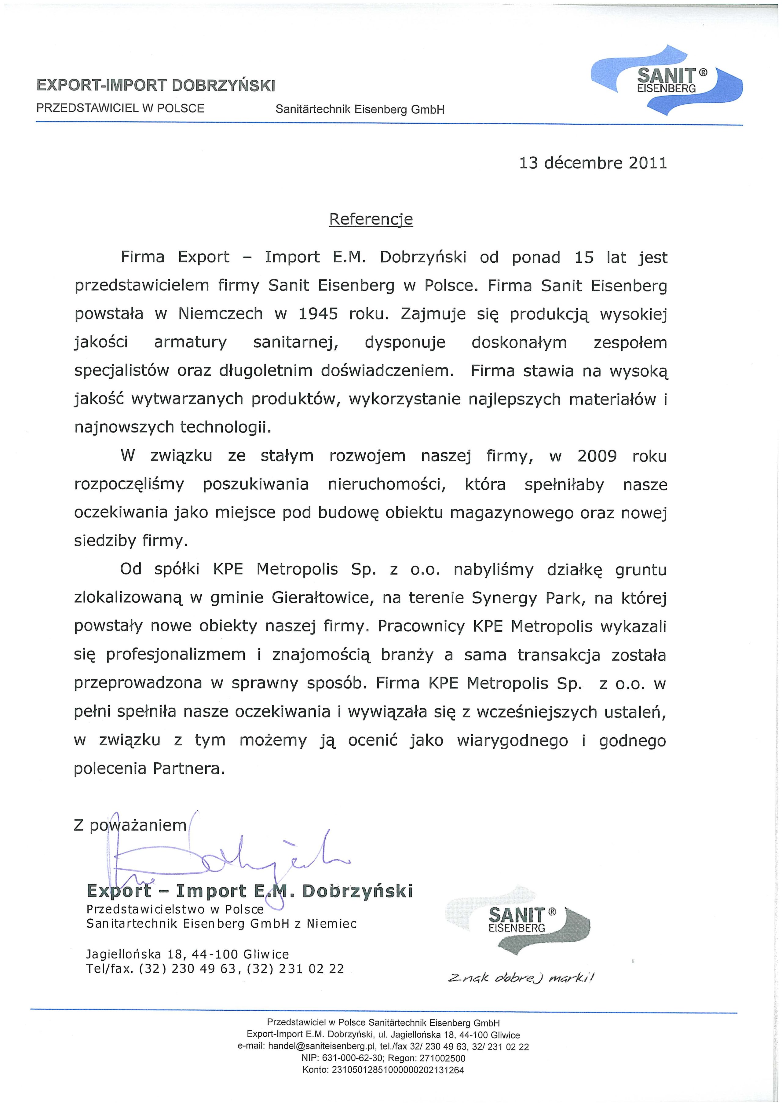 Rekomendacja — Export-Import E.M. Dobrzyński